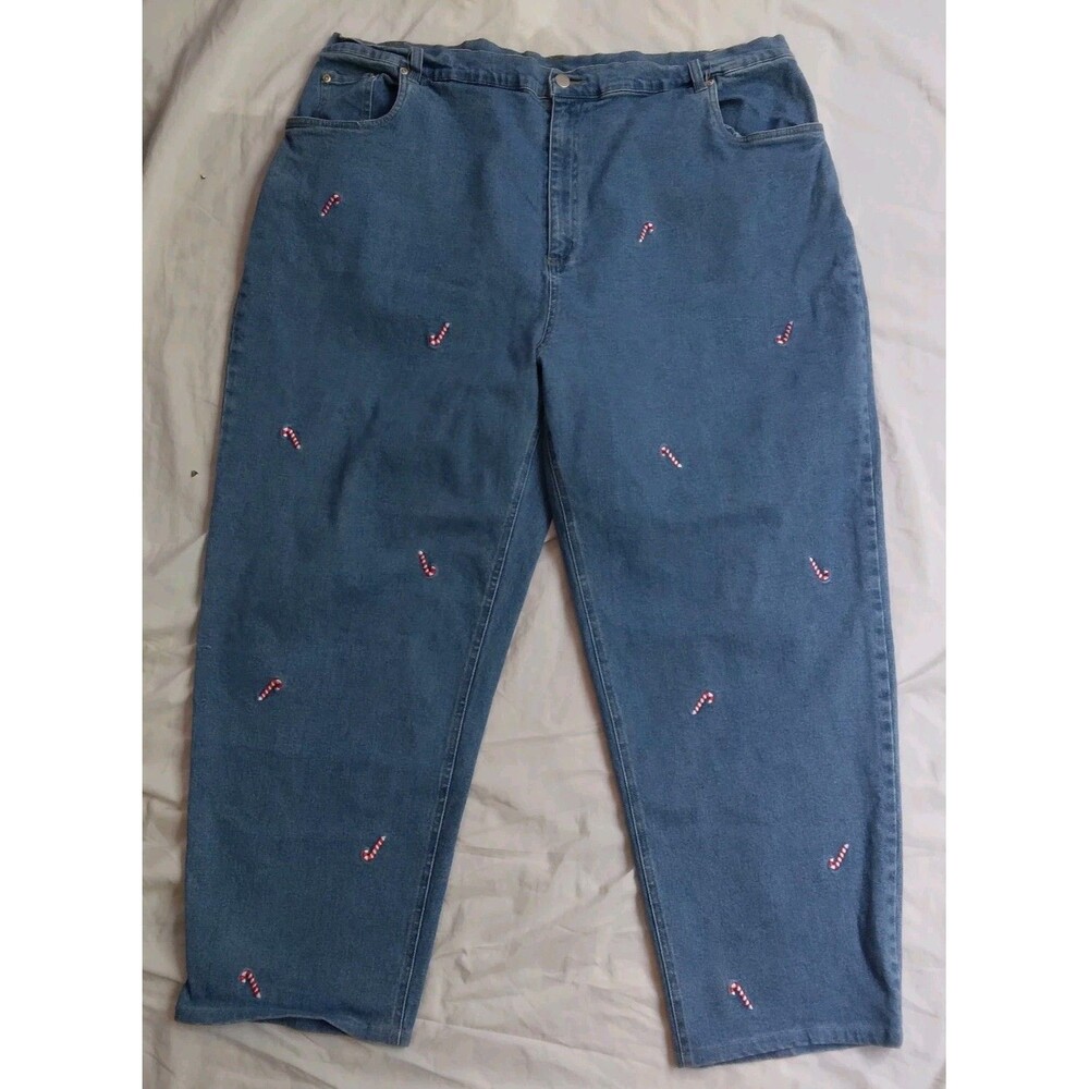 Quacker Factory Christmas Blue Jeans Embroidered Candy Canes 90s Women's 26W